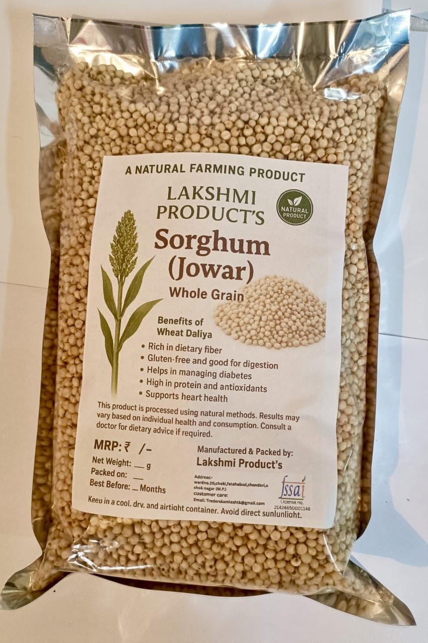 Lakshmi Jowar(Sorghum) 1 Kg| Unpolished Millet | Organic (Sorghum, Jonna, Jola, Cholam) | Healthy & High Fiber, Gluten Free | Suitable for Multiple_Grain-Recipes | 100% Vegan 1 Kg Grain
