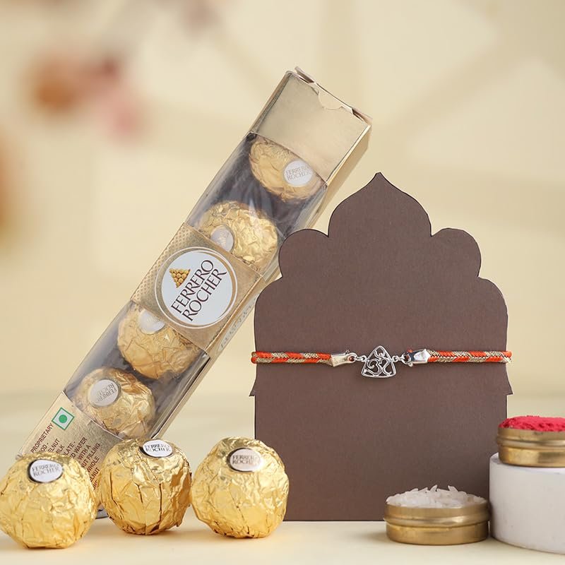 FlowerAura Premium Handcrafted Designer Om Namah Shivay Pure Silver Rakhi With Pack of 4 Choco Balls Chocolate Include Roli Chawal Set - Rakhi Gift Hamper For Brother, Bhai, Kids, Bhaiya, Cousins