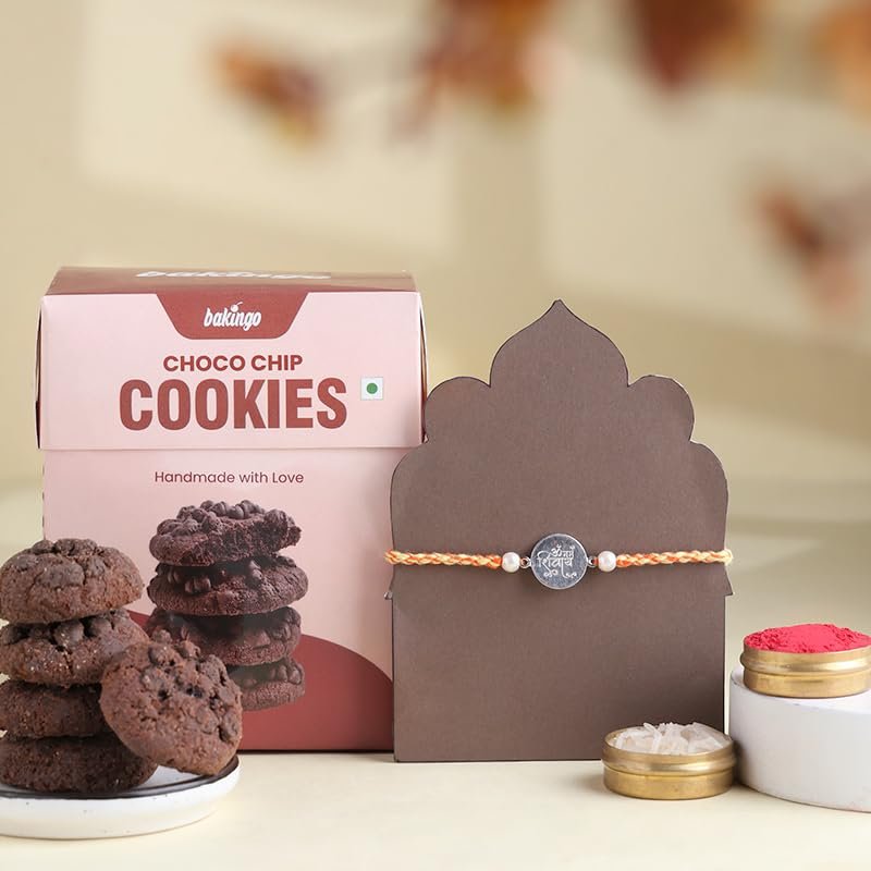 FlowerAura Premium Handcrafted Designer Om Namah Shivay Pure Silver Rakhi With Cookies Include Roli Chawal Set - Rakhi Gift Hamper For Brother, Bhai, Kids, Bhaiya, Cousins
