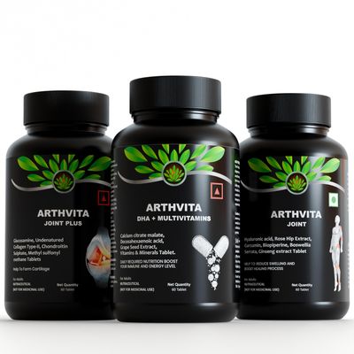 Arthvita Complete Knee Care For Joint Pain Glucosamine, Collagen + 9 Nutrients, DHA + Calcium + 12 Vitamins + 9 Minerals 3 60 Tablets