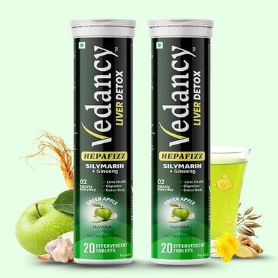 Aashvita kart HepaFizz Liver Detox Tablets Silymarin Milk Thistle + B9, B12, 6 Ayurvedic Herbs Green Apple Effervescent | Sugar-Free | Vegan | WHO-GMP Certified (Pack of 2)
