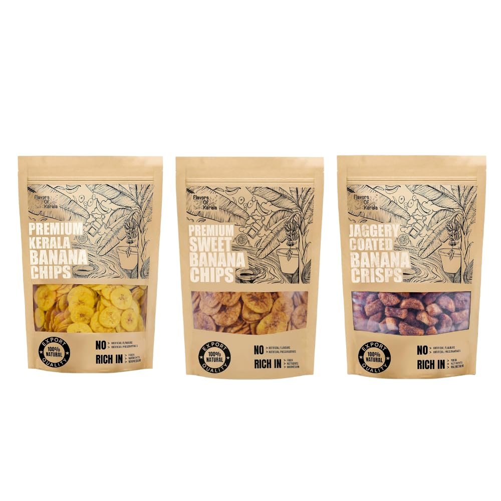 FLAVORS OF KERALA (FOK) Onam Special Combo Banana Chips in Coconut Oil - 150 Grams | Sweet Banana Chips 200 Grams | Jaggery Coated Banana Chips (Sharkara Varatti | Upperi) 200 Grams