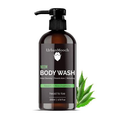 UrbanMooch Head to Toe Neem Body Wash for Men | For Deep Cleansing, Body Acne and Skin Purification with Neem, Aloe Vera Extract & Niacinamide | Shower Gel for Body, Face & Hair, 200ml (Neem)