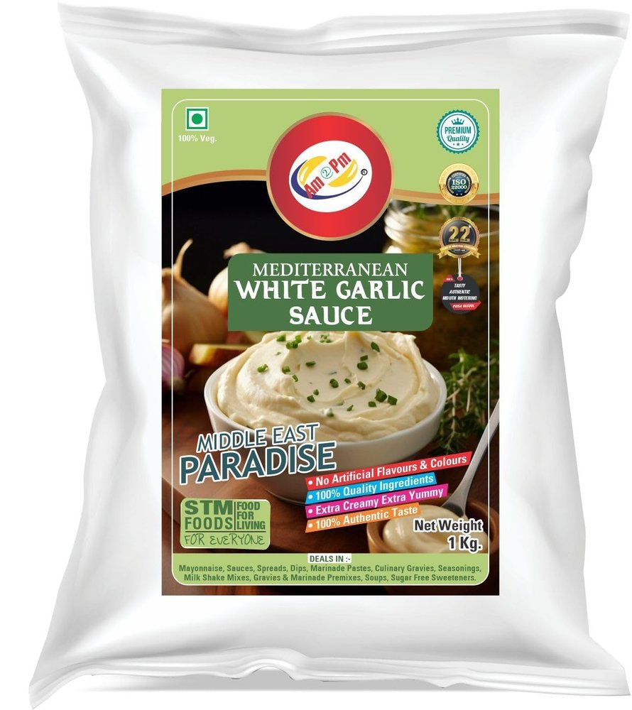 Am 2 Pm - Mediterranean White Garlic Sauce, 100% Vegetarian Multipurpose Creamy, Salty & Spicy Delicious Sauce For Shawarmas, Burgers, Wraps and Rolls, Fried Non Veg Snacks,1 Kg