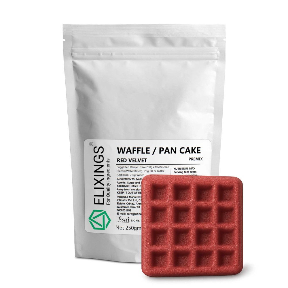 Elixings French Red Velvet Waffle & Pancake Premix 250gm, Multigrain, 100% Vegetarian and Eggless, No Added Preservatives