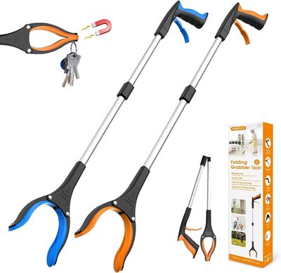 2-Pack Heavy-Duty Reacher Grabber Tool 32" Foldable Pick-Up Tool with Magnetic Tip & 360 Rotating Claw | Strong Grip, Lightweight, Ergonomic Design for Elderly, Trash Pickup, Reaching High Places