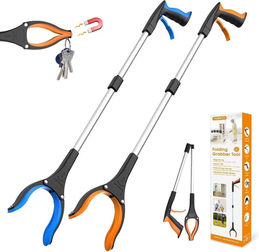 2-Pack Heavy-Duty Reacher Grabber Tool 32" Foldable Pick-Up Tool with Magnetic Tip & 360 Rotating Claw | Strong Grip, Lightweight, Ergonomic Design for Elderly, Trash Pickup, Reaching High Places