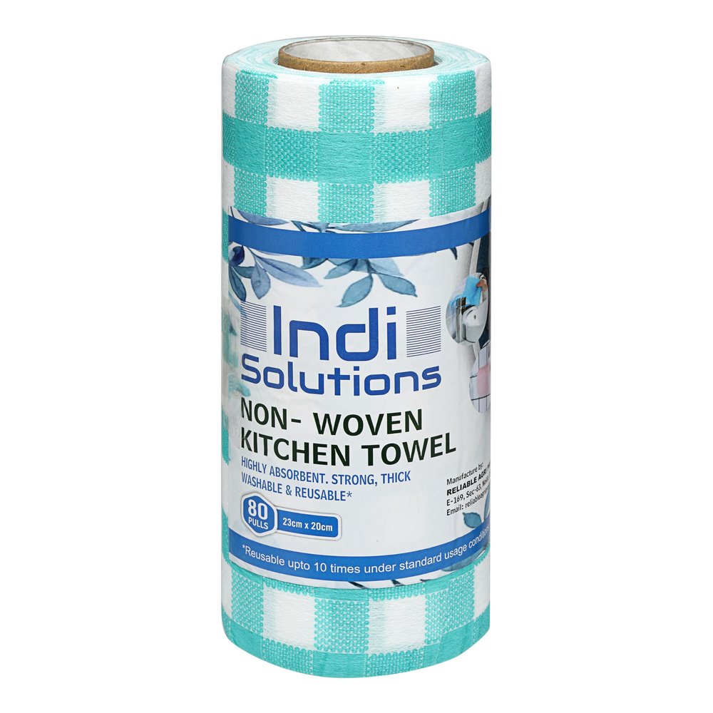 Indi Solutions Non-Woven Kitchen Towel Roll | 80 Pull | Green | Food Safe | Washable and Reusable | Highly Absorbent