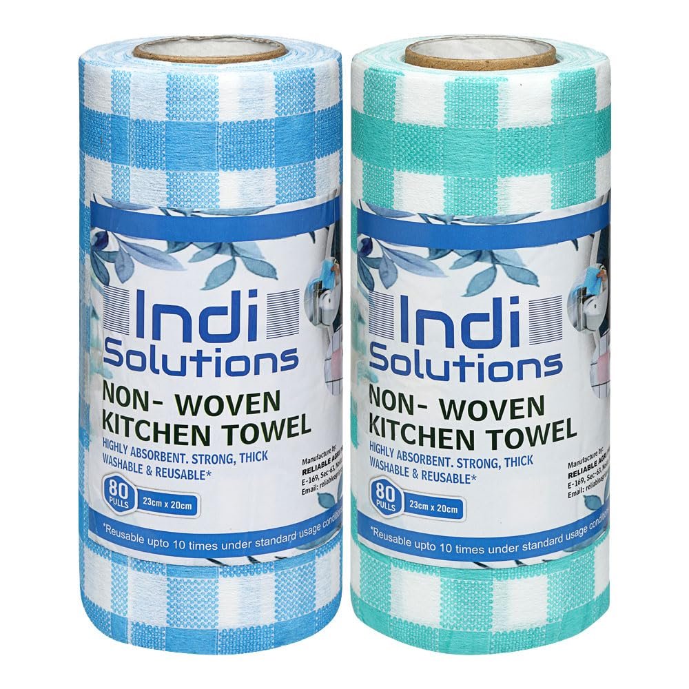 Indi Solutions Non-Woven Kitchen Towel Roll | 160 Pulls | Blue & Green Check | 80 Pulls X 2 Rolls | Food Safe | Washable and Reusable | Highly Absorbent