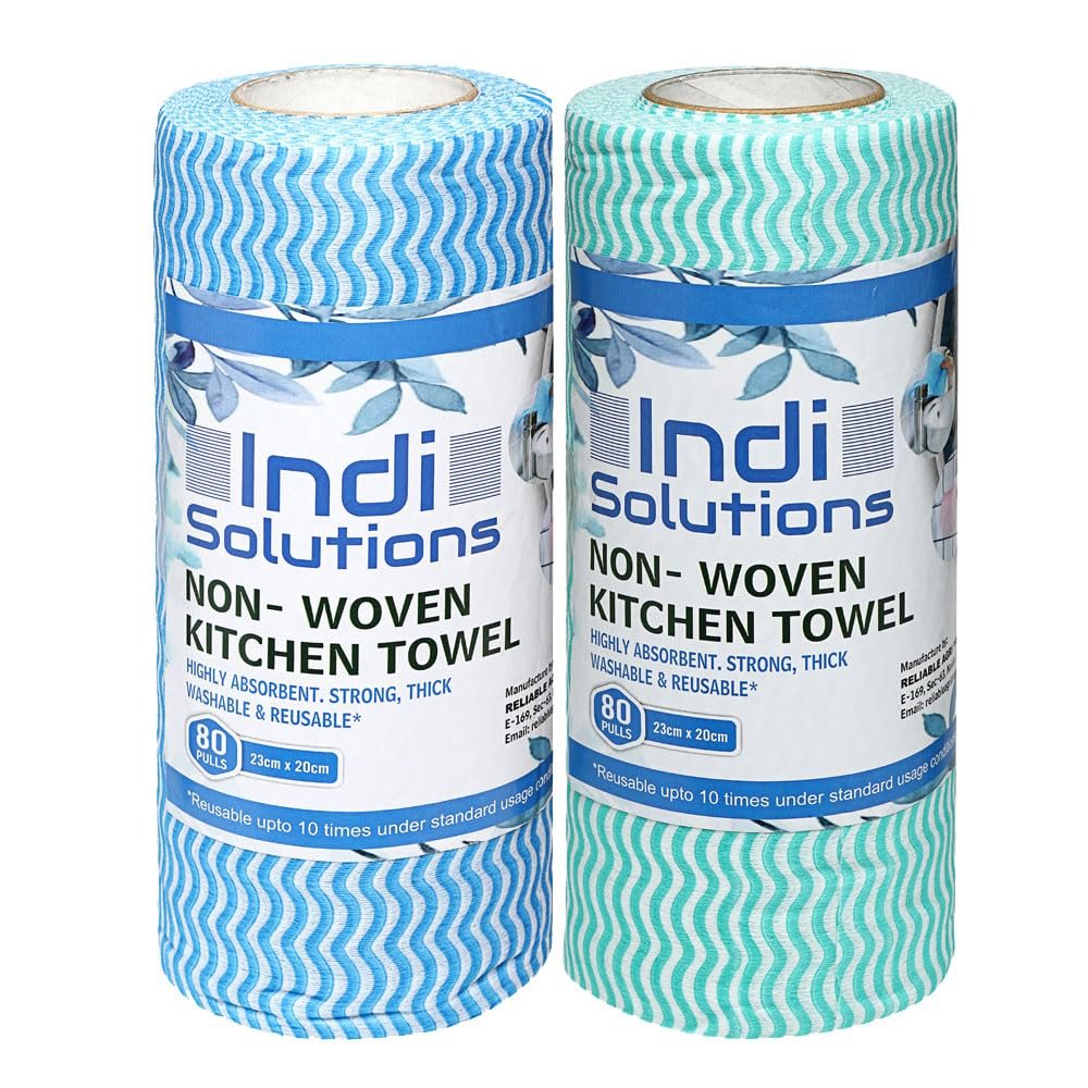 Indi Solutions Non-Woven Reusable & Washable Kitchen Towel Roll Wipes (80 Wipes Per Roll, Pack of 2 Roll, Total 160 Sheets)