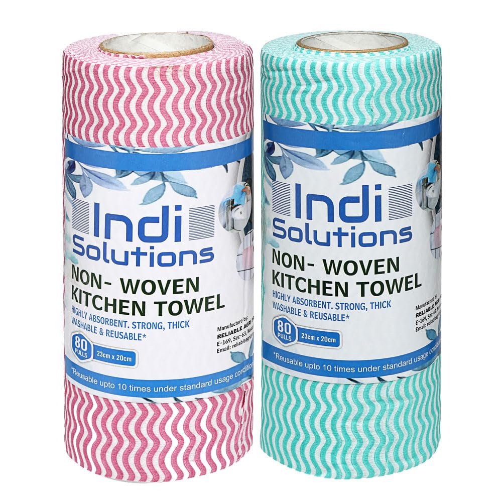 Indi Solutions Non-Woven Kitchen Towel Roll | 160 Pulls | Red & Green | 80 Pulls X 2 Rolls | Food Safe | Washable and Reusable | Highly Absorbent