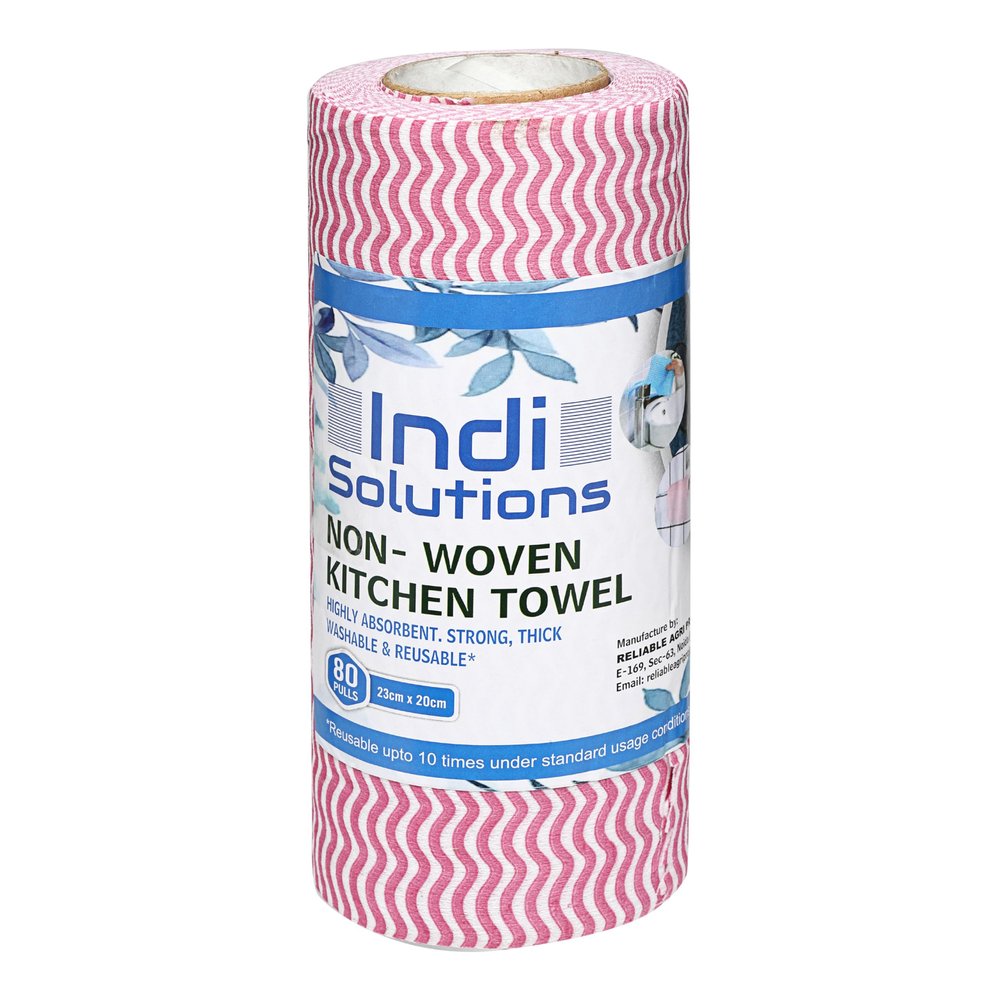 Indi Solutions Non-Woven Kitchen Towel Roll | 80 Pulls | Red | Food Safe | Washable and Reusable | Highly Absorbent