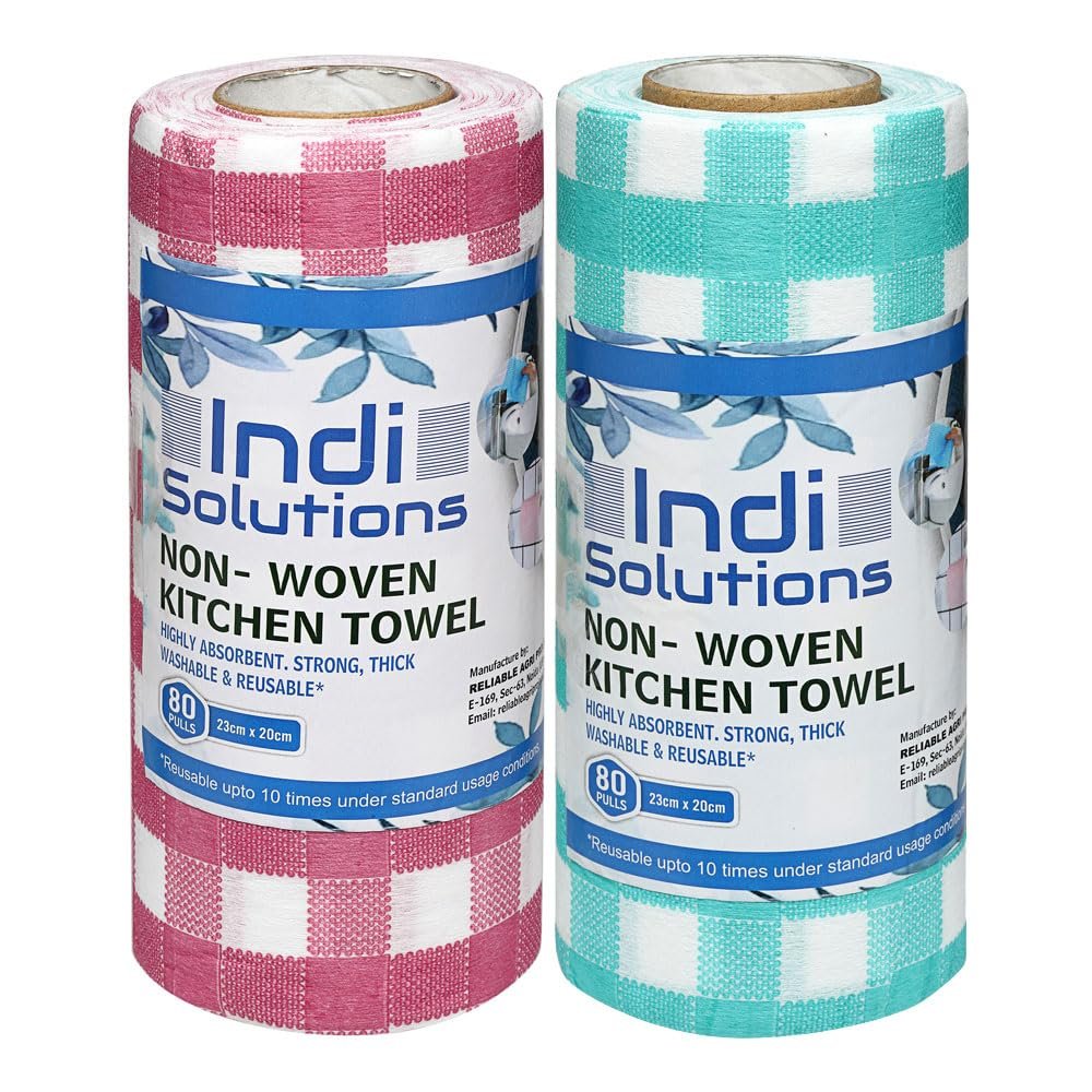 Indi Solutions Non-Woven Kitchen Towel Roll | 160 Pulls | Red & Green Check | 80 Pulls X 2 Rolls | Food Safe | Washable and Reusable | Highly Absorbent