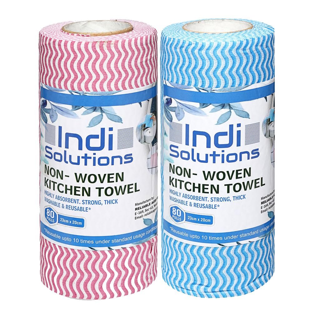 Indi Solutions Non-Woven Reusable & Washable Kitchen Towel Roll Wipes (80 Wipes Per Roll, Pack of 2 Roll, Total 160 Sheets)