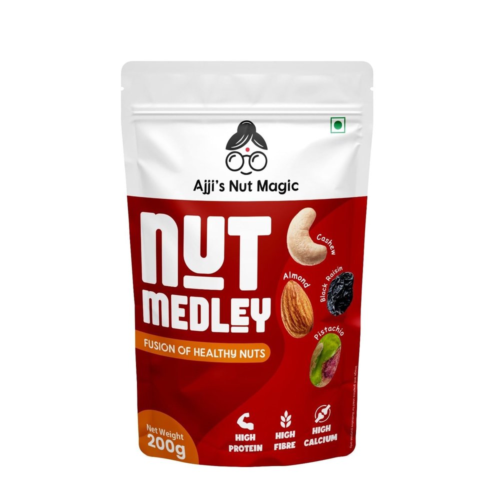 Ajji's Nut Magic Nut Medley-Fusion of Healthy Nuts | Dry Fruits & Nuts Combo of Cashew, Almond, Pistachio and Black Raisins | Premium Superfood Energy Mix | Medley of Dried Fruits, Nuts | Nutritious Snack -400g (Pack of 2-Each 200g)