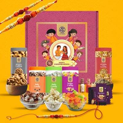 41 FOODS Relive Childhood Flavors Rakhi Premium Gift Box for Brother & Bhabhi | 8-In-1 Festive Hamper with Rudraksh Rakhis | Thalassery Pepper Roasted Cashews , | Amla Candies | Imly Candies | Sugar Candies | Party Seed Mix | Medjool Dates Bites | Ra