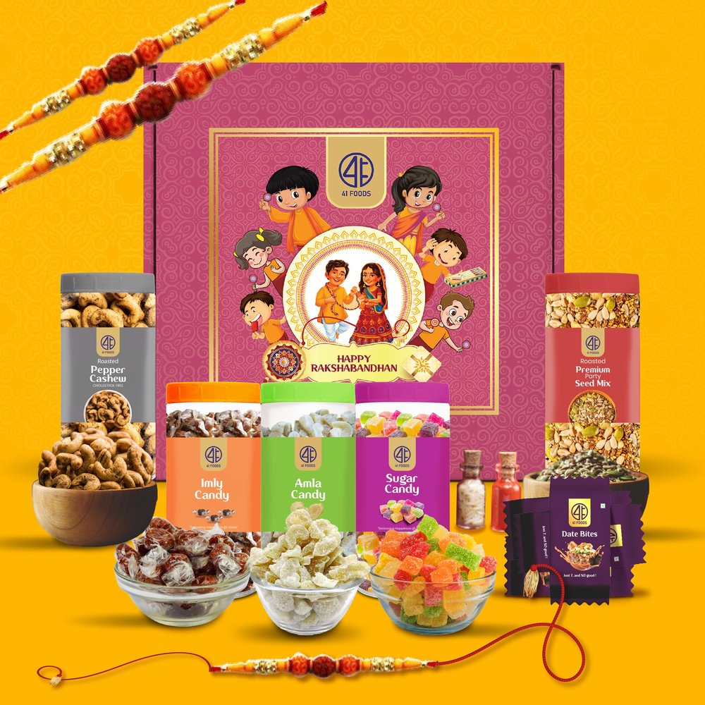 41 FOODS Relive Childhood Flavors Rakhi Premium Gift Box for Brother & Bhabhi | 8-In-1 Festive Hamper with Rudraksh Rakhis | Thalassery Pepper Roasted Cashews , | Amla Candies | Imly Candies | Sugar Candies | Party Seed Mix | Medjool Dates Bites | Ra