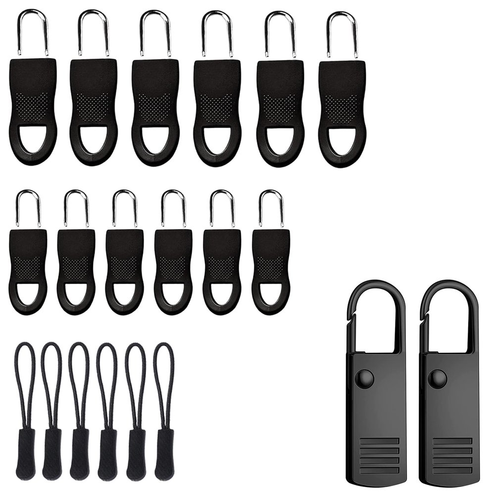 20PCS Zipper Repair Kit, Universal Zipper Puller Replacement for Bags, Luggage, Jackets, Backpacks, 4 Styles, Black Zip Puller Tabs, Quick Fix Solution for Travel and Outdoor Gear