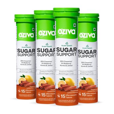 OZiva Sugar Support Effervescent | Supports Daily Blood Sugar Management & Insulin Function | Reducose, Cinnamon, Jamun, Karela, Gymnema - 60 Tablets (Pack of 4)