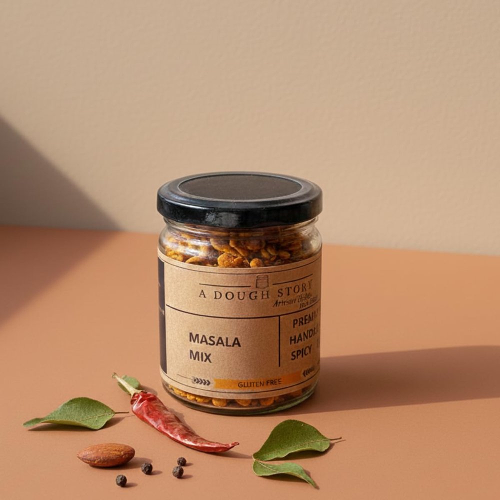 A Dough Story Masala Mix | Gluten-Free Savory Healthy Snack | Indian Tea-Time Namkeen with Roasted Nuts, Seeds & Authentic Spices | Premium Handmade Masala Cashew Almond Mix 250g