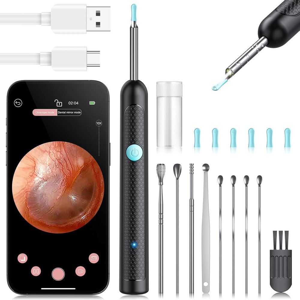 2025 Upgraded Visual Ear Cleaner with 1080P HD Camera & 6 LED Lights, Ear Wax Removal Tool with 6 Ear Spoon for Adults/Kids,Waterproof, 360 Rotating Safe Design, Type-C Fast Charging(Black)
