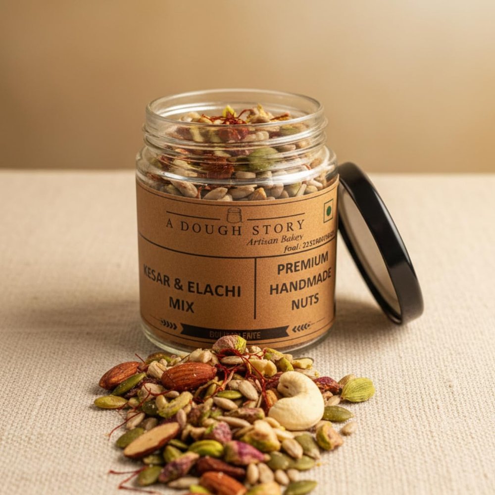 "A Dough Story Kesar & Elaichi Mix | Premium Saffron & Cardamom Flavored Nut & Seed Blend | Healthy Indian Dry Fruit Snack with Almonds, Cashews & Pistachios | Lightly Sweetened Energy Mix 250g