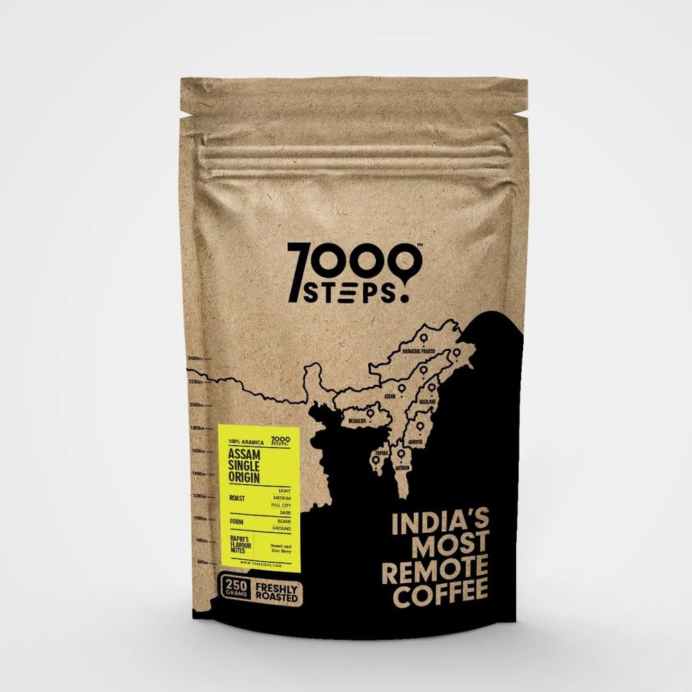 7000 Steps 100% Arabica Coffee Beans | Freshly Roasted | Single Origin Assam Northeast India | Medium Roast | Whole Beans for V60, French Press, Espresso, Cold Brew | 250g