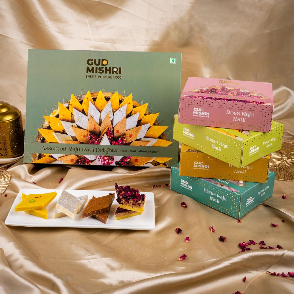 Kaju Katli Celebration Pack of 4 | 800g (4 x 200g) In 4 Flavours Mishri, Gud, Kesar & Rose | MAP Sweets for Long Shelf Life | Sweetened with Jaggery & Mishri | No Refined Sugar | No Food Colour | Premium Cashew Gifting Box | MAP Packed for Freshnes