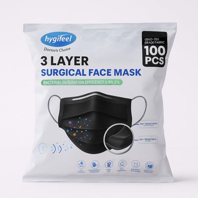 HYGIFEEL 3Ply Surgical Face Mask (Pack of 100) (BLACK) | Built-in Nose Clip| Bacterial Filteration Efficiency 99.9% | Doctor's Choice | India's Top Medical Consumable Brand