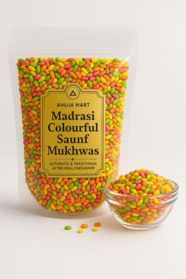 Ahuja Mart Madrasi Colourful Saunf Mukhwas  Authentic Mouth Freshener, | 500G| Digestive Fennel Seeds, After-Meal Refreshment, Sugar-Coated, Indian Sweet Pan Mukhwas for Fresh Breath