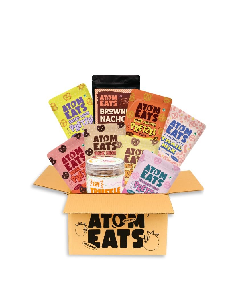 Atom Eats The Snack Thief Box (Pack of 9) | Gift Hamper of Gourmet Snacks | Salted and chocolatey Pretzels | Gift Box for Snack Lovers | 380g