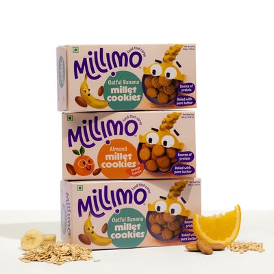 MilliMo Healthy Millet Cookies Oats Banana x2 & Jowar Almond x1 (Pack of 3 100g) | High Protein & Fibre | No Maida, No Palm Oil | With Jaggery | Oats Multigrain Cookies for Kids