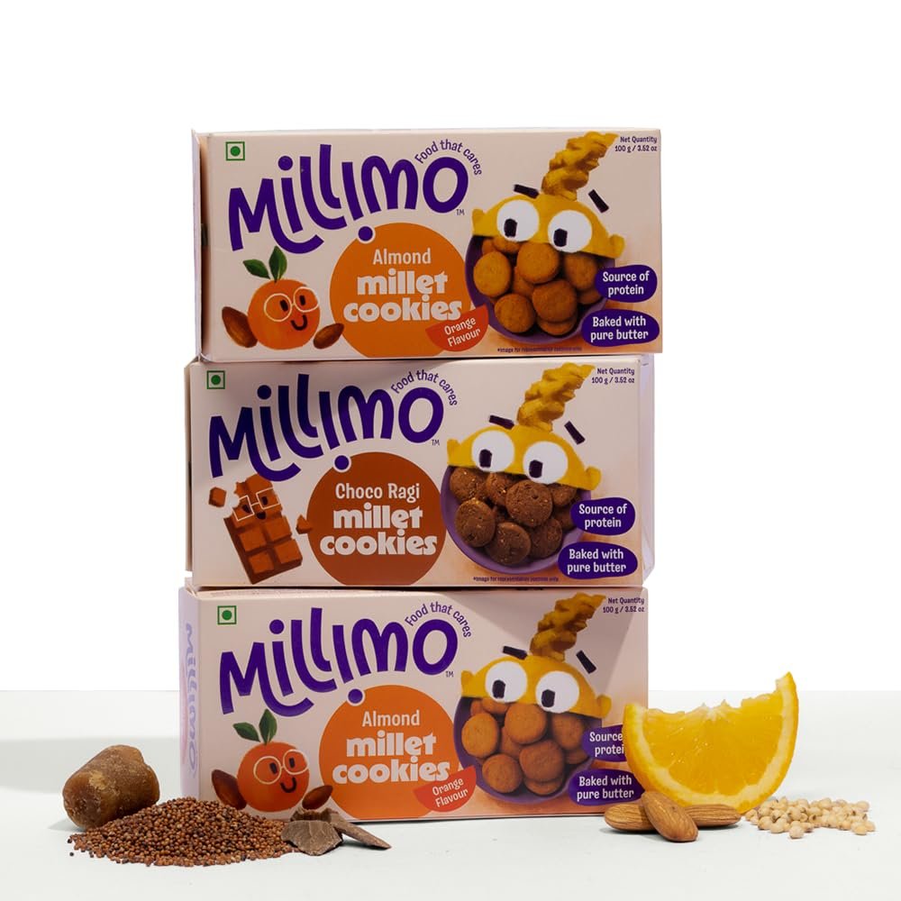 MilliMo Healthy Millet Cookies  Jowar Almond x2 & Choco Ragi x1 (Pack of 3  100g) | High Protein & Fibre | No Maida, No Palm Oil | With Jaggery | Jowar Multigrain Cookies