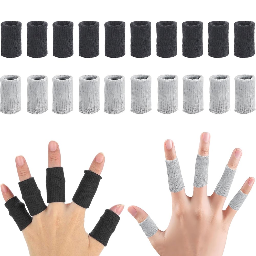 20 Pcs Thumb Support Finger Sleeves, Black and Grey Finger Protectors for Arthritis, Trigger Fingers, Cricket, Badminton, Pain Relief, Elastic Compression, Nylon Material