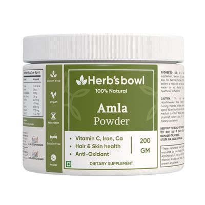 Herb's Bowl Amla Powder, Natural Vitamin C Supplement for Hair, Skin and Immunity, Vegan, Gluten-Free (200 Gm)