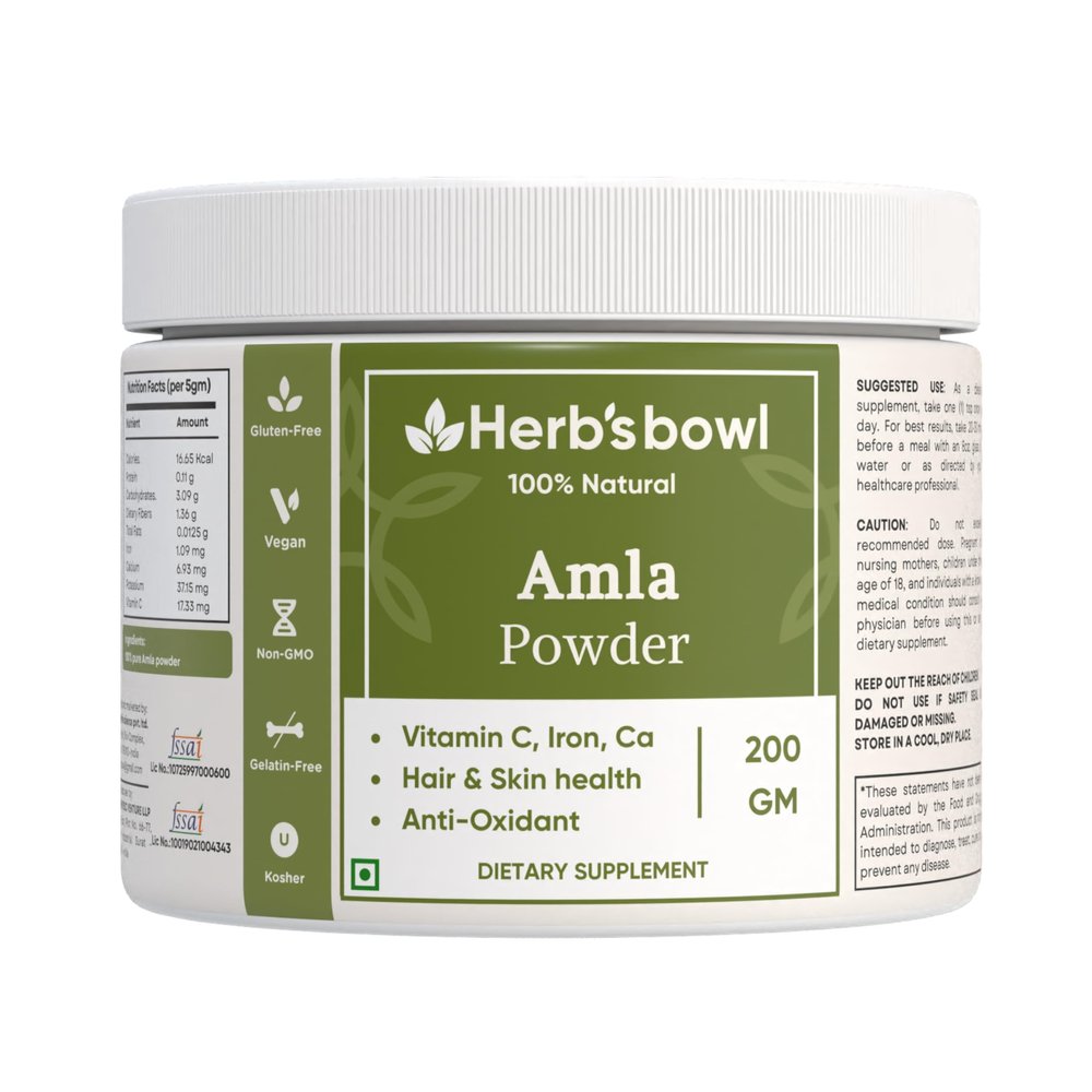 Herb's Bowl Amla Powder, Natural Vitamin C Supplement for Hair, Skin and Immunity, Vegan, Gluten-Free (200 Gm)