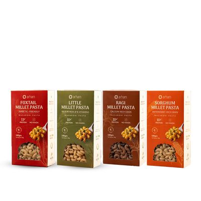 Arham Organic Millet Pasta Combo Pack  Foxtail, Little, Ragi & Sorghum Millet Pasta | Gluten Free | No Maida | High Fiber | No Preservatives | No Junk | 4-in-1 Assorted Healthy Pasta | 4 x 180g