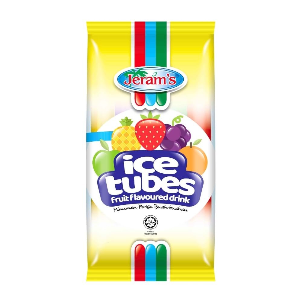 Jeram's Fruit Flavoured Ice Tubes | 10pcs x 75ml (750ml) | Assorted Flavours - Green Apple, Pineapple, Strawberry, Orange & Grape | Freeze & Enjoy as Ice Pop | Ready-to-Eat | Imported from Malaysia