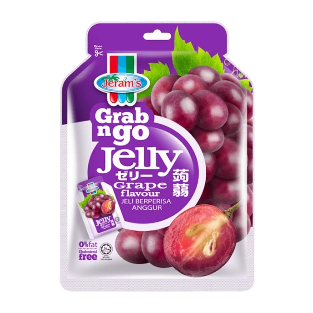 Jerams Grab n Go Grape Flavoured Jelly 180g | 10 Mini Cups | Juicy Fruit Jelly Snack | Fat & Cholesterol Free | Vegetarian & Halal Certified | Imported from Malaysia