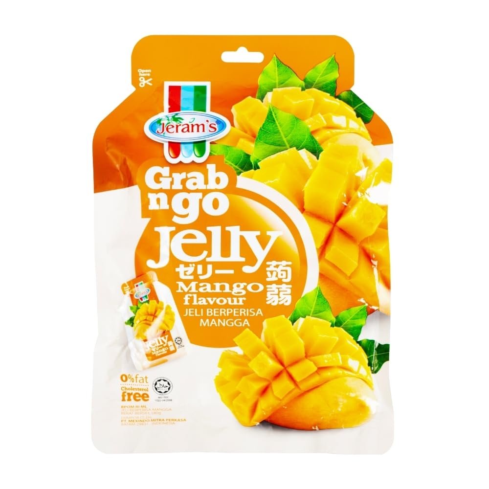 Jerams Grab n Go Mango Flavoured Jelly 180g | 10 Mini Cups | Juicy Fruit Jelly Snack | Fat & Cholesterol Free | Vegetarian & Halal Certified |Imported from Malaysia