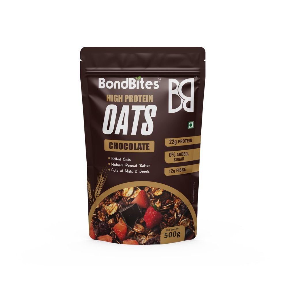 BondBites High Protein Chocolate Oats 500 gm | 22g Protein, 0% Added Sugar | Rolled Oats with Natural Peanut Butter, Almonds, Nuts & Seeds | 12g Fibre | Healthy Breakfast Cereal for Energy & Muscle Recovery