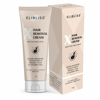 Elibliss X Hair Removal Cream with Aloe Vera & Rose for Women & Men | Quick & Gentle Hair Remover for Legs, Arms, Underarms & Bikini Line | Smooth, Soft & Hydrated Skin | Fast Action Formula - 75g