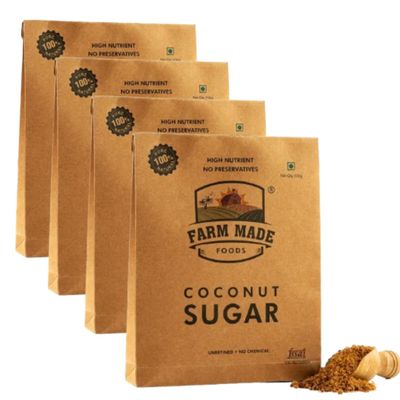 Farm Made Organic Coconut Sugar 250g - Unprocessed, Low GI, Diabetic Safe, Non-GMO, Natural Sweetener (Pack of 4)