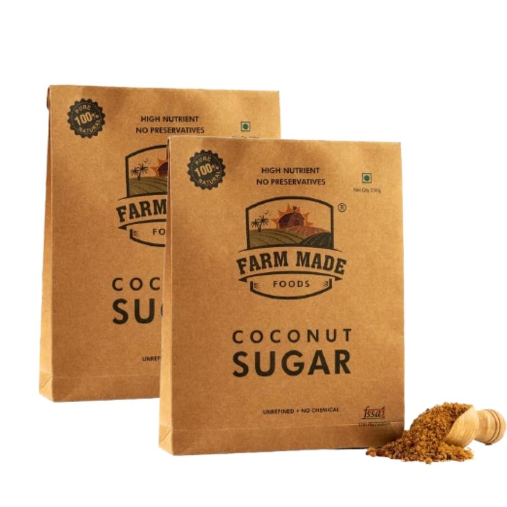 Farm Made Organic Coconut Sugar 250g - Unprocessed, Low GI, Diabetic Safe, Non-GMO, Natural Sweetener (Pack of 2)