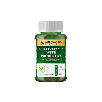 Adhyaveda Organic Multivitamin with Probiotics  60 Veg Tablets  25+ Vitamins & Minerals + 5B CFU Probiotics  Immunity, Gut, Energy & Stress Support  NonGMO, Vegan, FSSAI Approved
