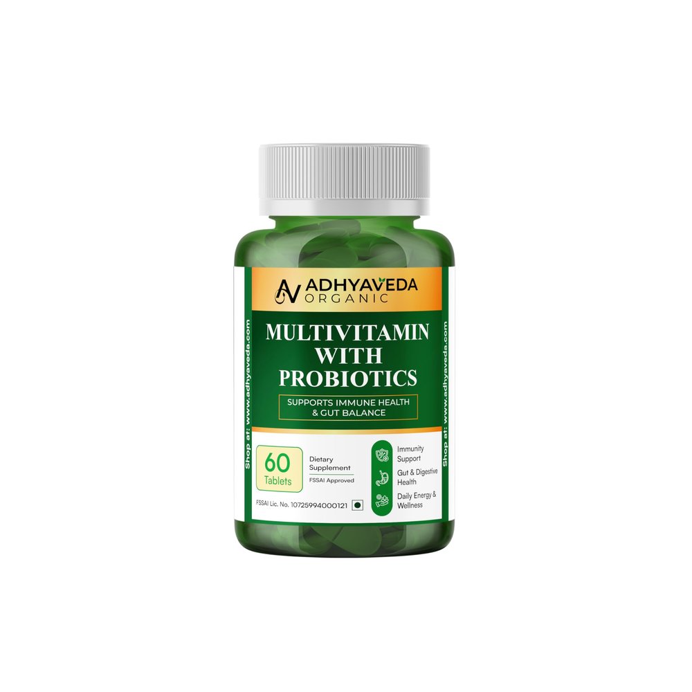 Adhyaveda Organic Multivitamin with Probiotics  60 Veg Tablets  25+ Vitamins & Minerals + 5B CFU Probiotics  Immunity, Gut, Energy & Stress Support  NonGMO, Vegan, FSSAI Approved