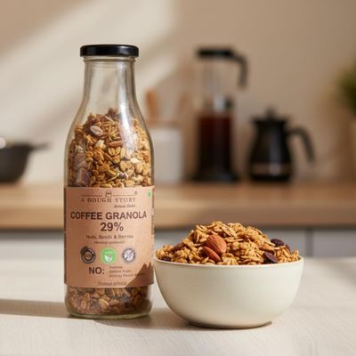 A Dough Story Coffee Granola with Filter Coffee & Orange Peel | Healthy Granola Snack with Rolled Oats, Almonds & Jaggery | 100g Pack | No Added Sugar - 100g
