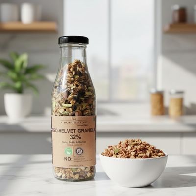A Dough Story Red-Velvet Granola with Beetroot Powder & Mixed Nuts | Healthy Granola Snack with Jaggery, Pistachio & Raisins | 100g Pack | No Added Sugar - 250g
