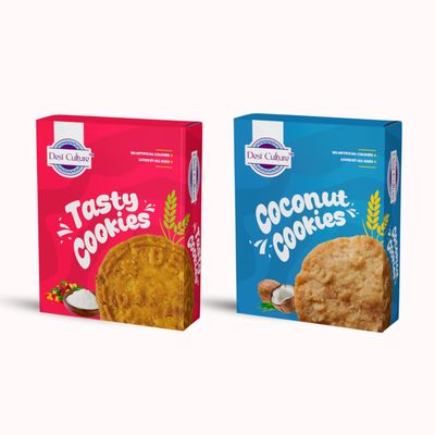 Desi Culture fruit biscuit & Coconut Cookies Combo | Pack of 2 (200g Each) | Handmade Bakery-Style Biscuits | Real Coconut Flakes | Eggless & Vegetarian | Crunchy Tea-Time Snack for Kids & Adults