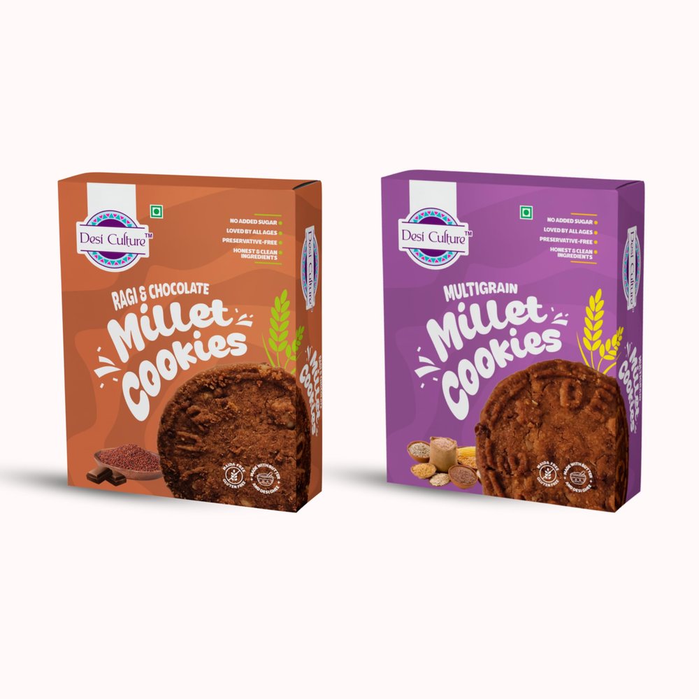 Desi Culture Ragi Chocolate & Millet Cookies Combo | Pack of 2 (200g Each) | Jaggery Sweetened | No Maida | High-Fibre | Gluten-Free Eggless Biscuits | Healthy Snack for Kids & Adults